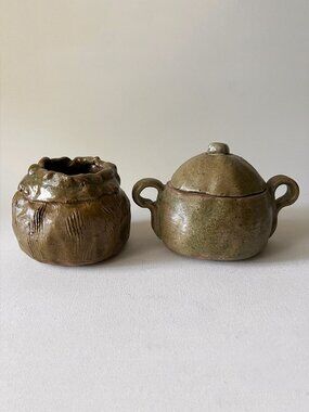 Vintage Handmade Rustic Sugar & Creamer Set Farmhouse Earthy Art Pottery Signed